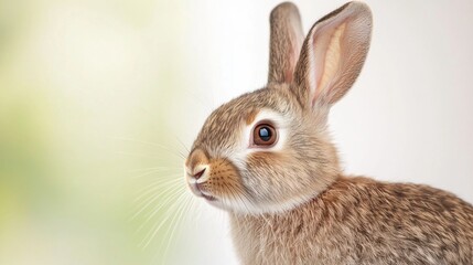 Fototapeta premium Close-up of a rabbit's face. the rabbit is facing towards the right side of the image, with its head turned slightly to the left. its ears are large and pointed, and its eyes are a deep brown color.