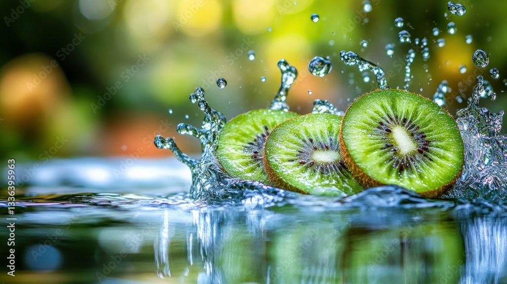 Poster Three sliced kiwis submerged in water with splashing effects