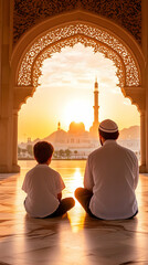 Father and son sit facing a sunrise view of a mosque through an ornate archway