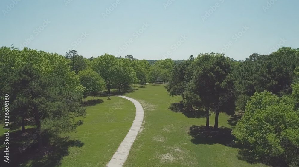 Poster a winding path through a park surrounded by many trees