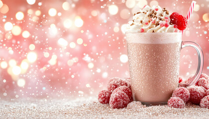 Festive raspberry cocoa drink with whipped cream and candy