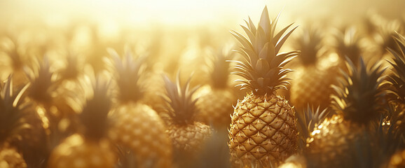 Golden pineapples in a field at sunset, showcasing abundance and tropical warmth, symbolizing prosperity and summer vibes