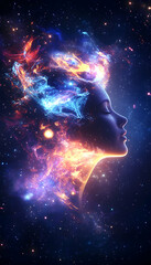Fiery cosmic energy enveloping a serene woman's profile