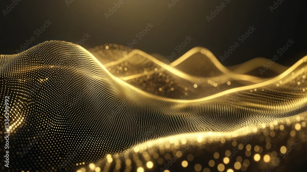 Poster golden waves of points with blurred highlights on a dark background