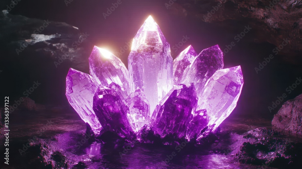 Poster a glowing cluster of crystalline structures in a dark cave