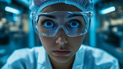 a close-up portrait of a female scientist in a lab, staring intensely.