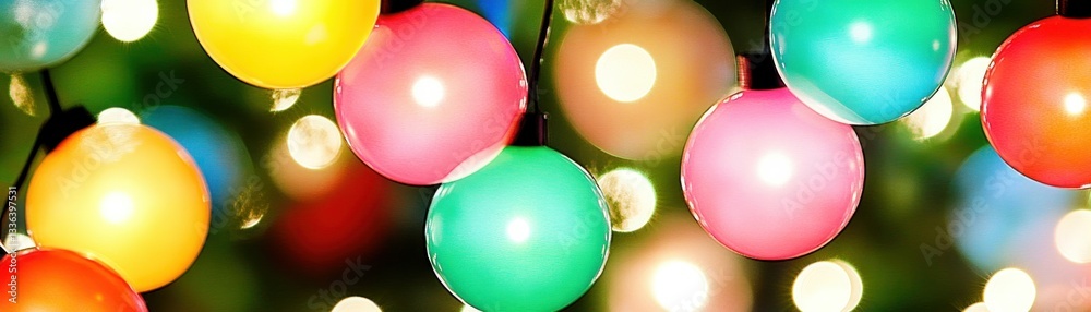 Poster several vibrant colored string lights illuminate against a blurred background