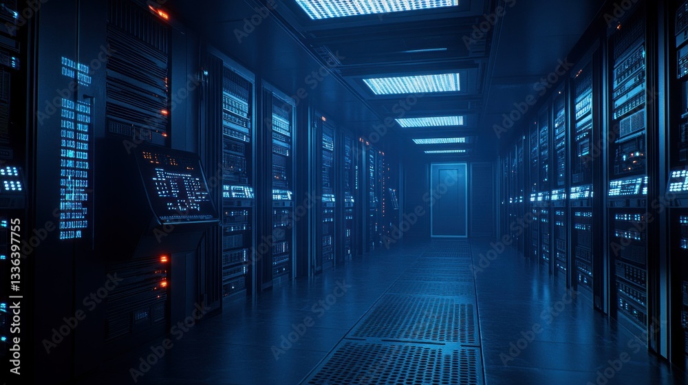 Poster a long dark hallway filled with server computer racks