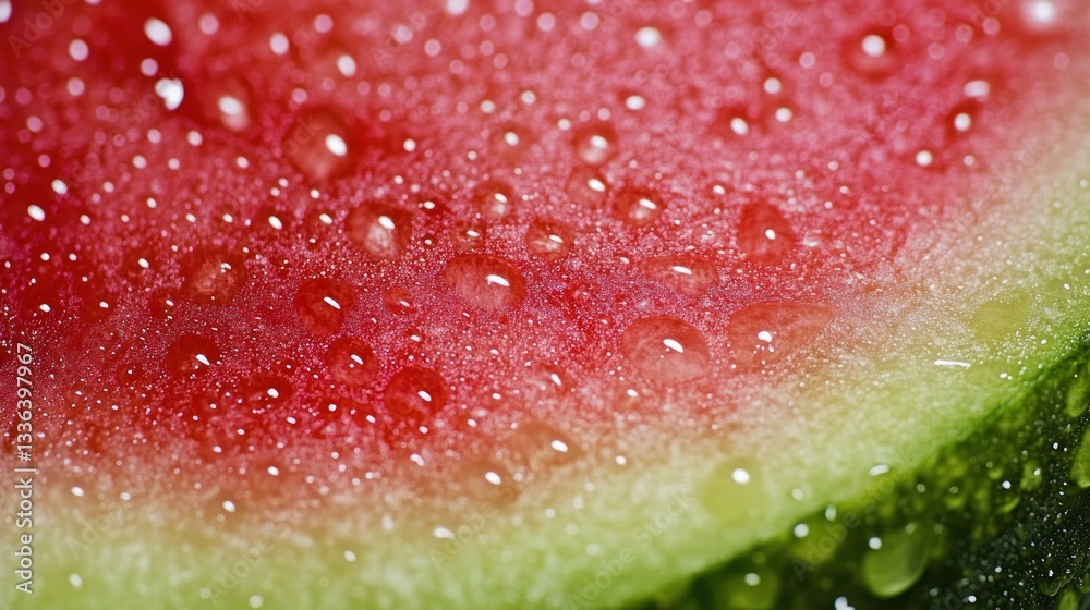 Poster a close up view shows a wet slice of red watermelon