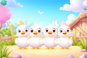 Obraz premium Four adorable cartoon ducklings stand in a row, facing the viewer, in a whimsical, idyllic farm setting