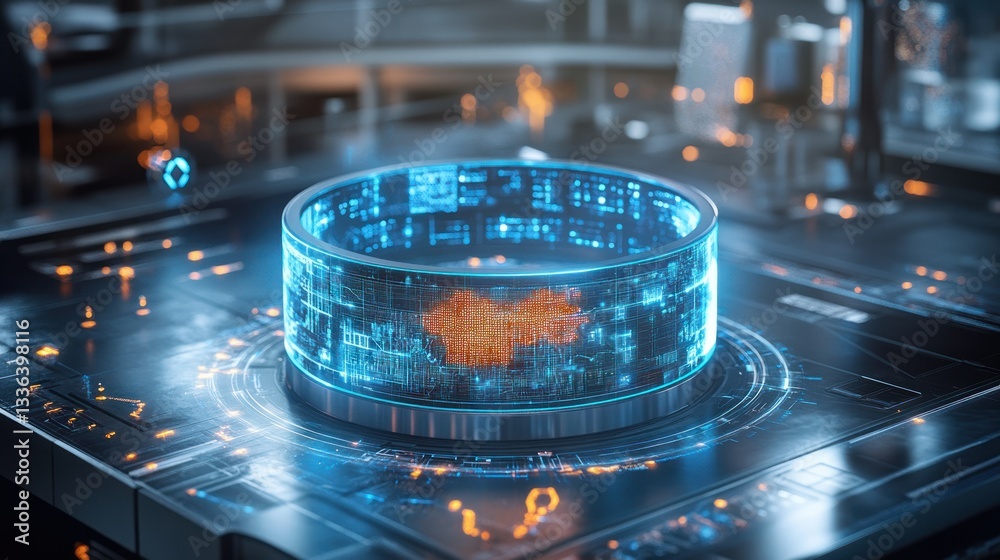Aufkleber Futuristic Technology Displaying Data Within A Glowing Cylindrical Device