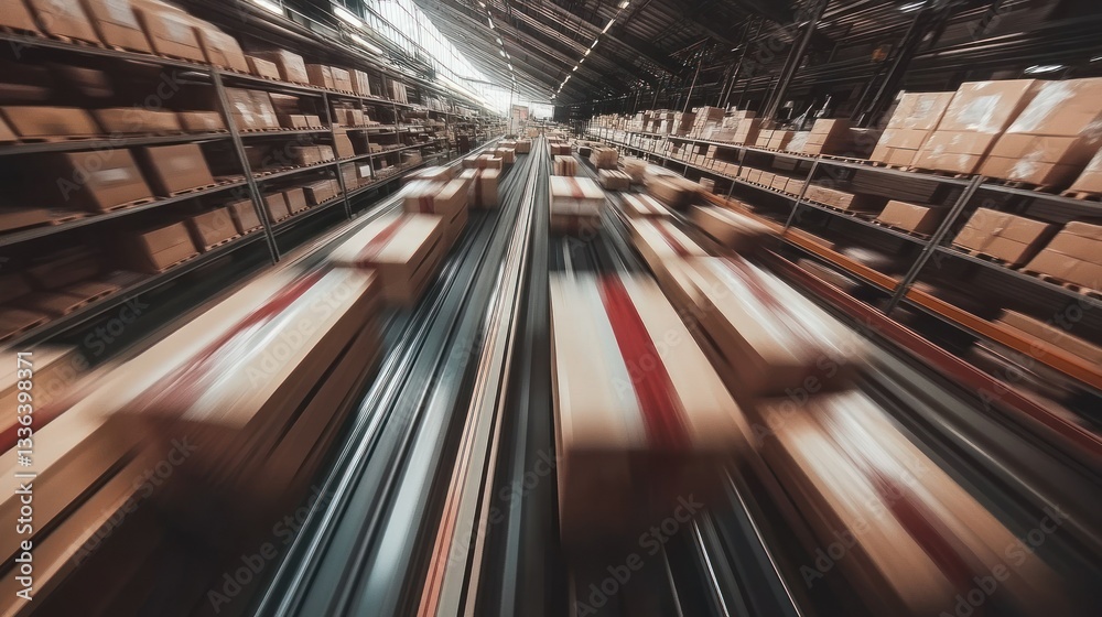 Poster boxes moving along a warehouse conveyor belt in an automated system