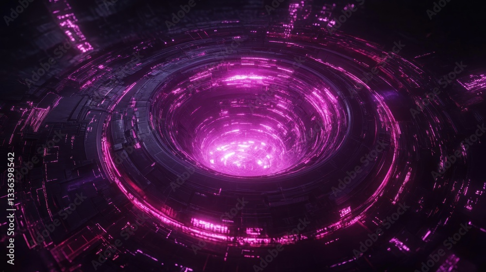 Poster glowing pink tunnel with technological and abstract details in darkness