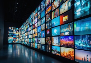 Vibrant digital display wall featuring an array of colorful images in a modern gallery.
