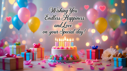 Birthday greeting with cake and colorful balloons, cheerful celebration card with sweet decorations and happy message