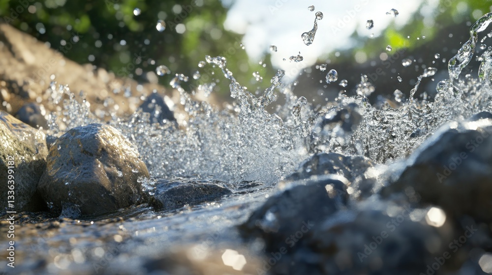 Poster water splashing over rocks with nature in the background