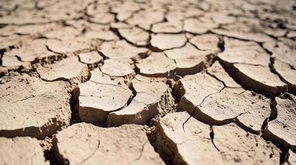 A close-up of dry, cracked ground, showing deep, uneven cracks that form a rough, web-like pattern across the surface