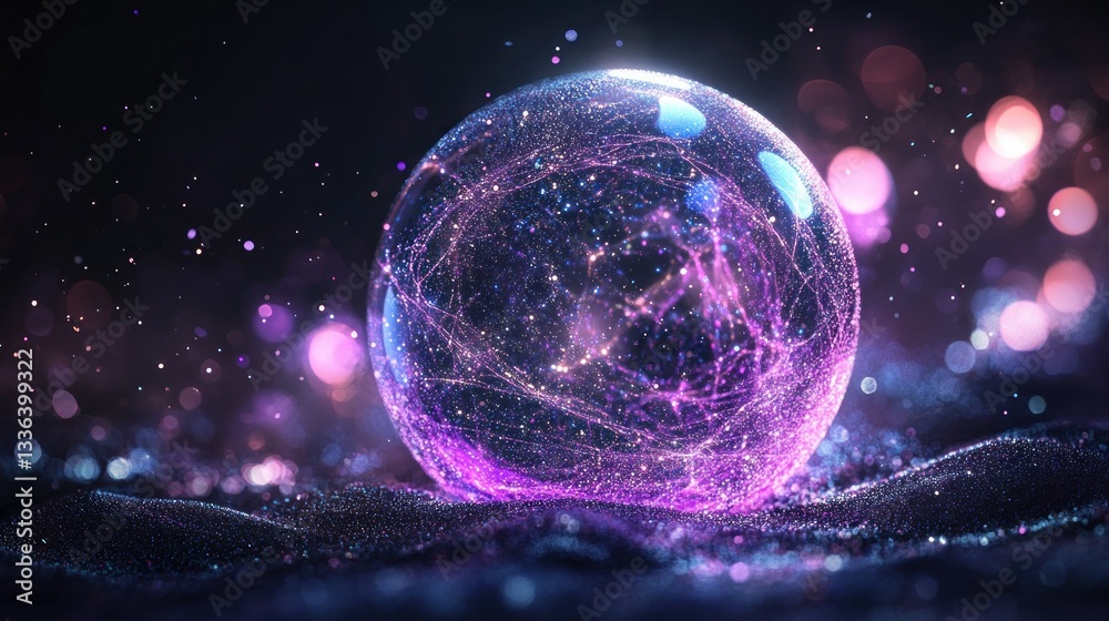 Poster a glowing sphere containing interconnected strands and shimmering light