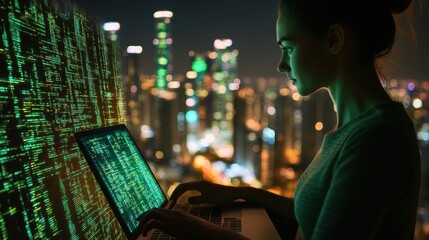 Woman working on a computer overlooking a cityscape at night