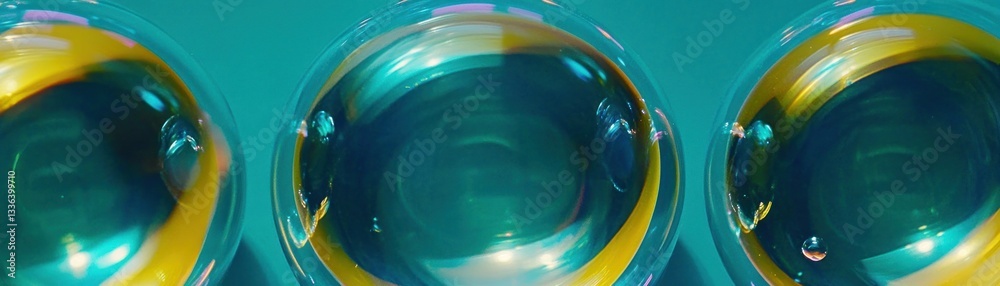 Poster three spherical transparent bubbles are aligned against a teal background