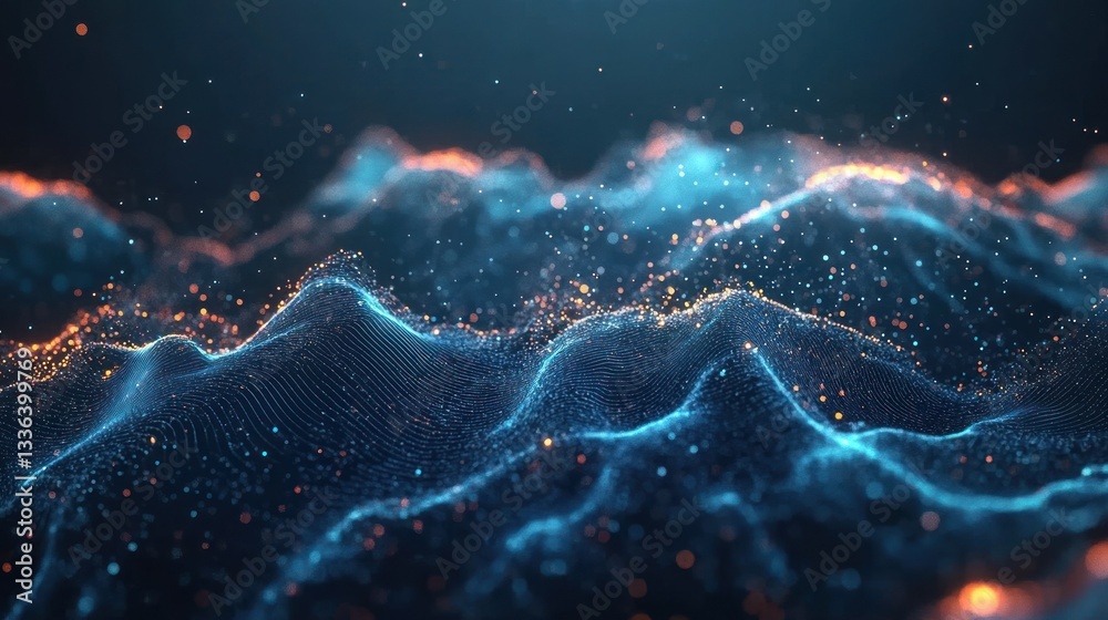 Poster digital particle landscape composed of glowing blue and orange dots
