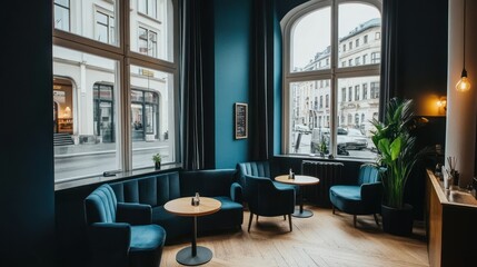 Fototapeta premium A comfortable stylish interior with a view of the city streets
