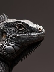 Fototapeta premium Close-up of the head and neck of a black iguana. the iguana's head is facing towards the right side of the image, with its head slightly tilted upwards.