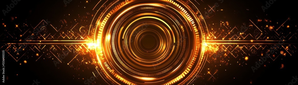 Poster Golden illuminated abstract design with multiple concentric circle patterns