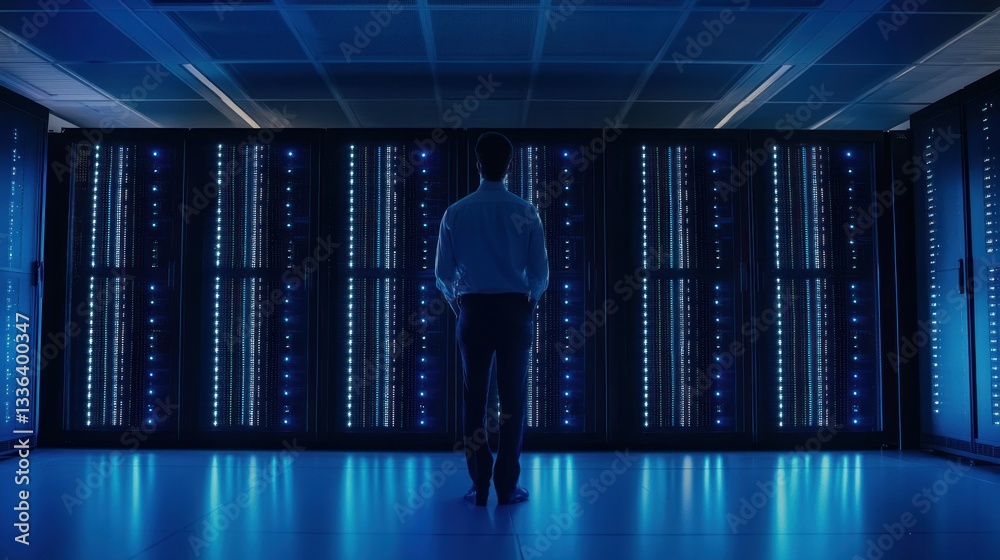 Poster A man looking at servers in a data processing center