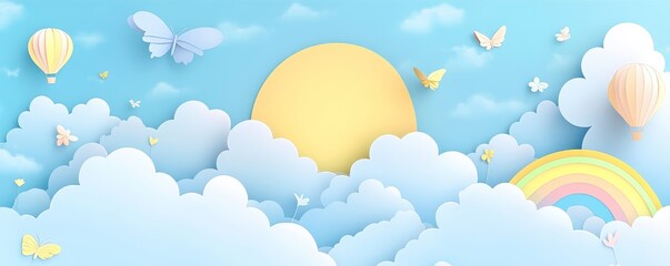 Beautiful fluffy clouds on blue sky background with summer sun, butterfly, hot air balloons and rainbow.  illustration. Paper cut style. Place for