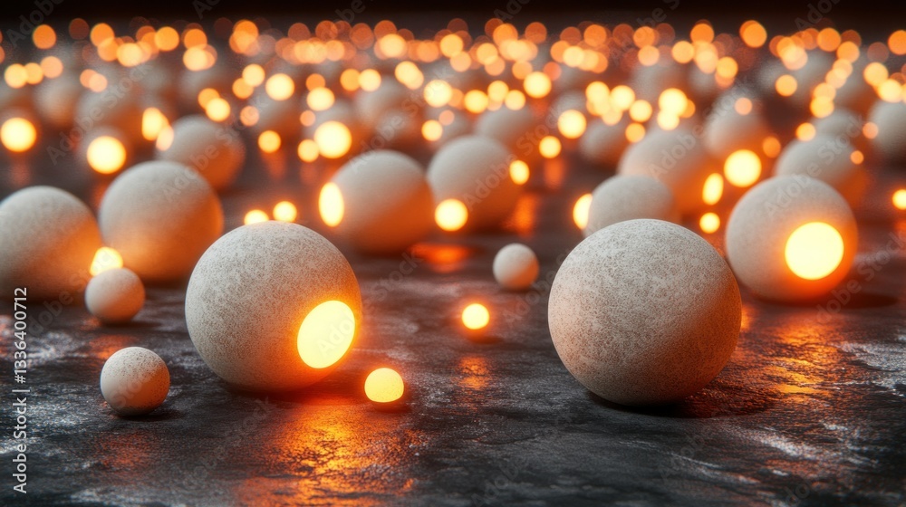 Poster Numerous spherical objects with glowing lights in a dark environment