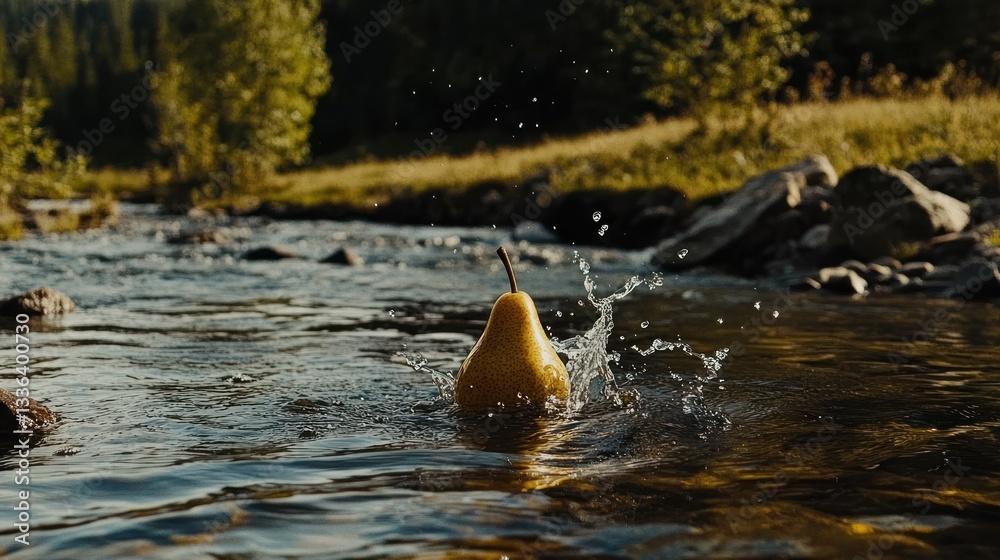 Poster a yellow pear creates a splash in a flowing river