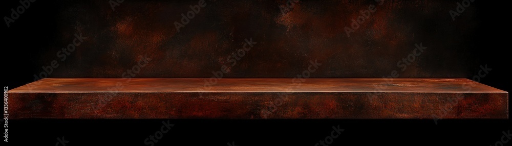 Poster a rustic wooden shelf displays against a dark abstract background
