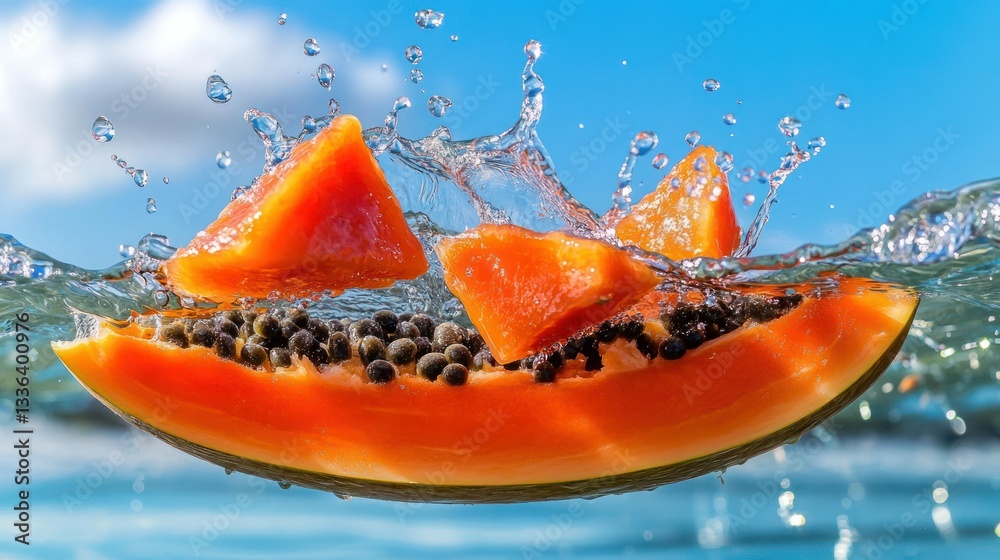 Poster fresh slices of ripe papaya submerged in clear water splashing