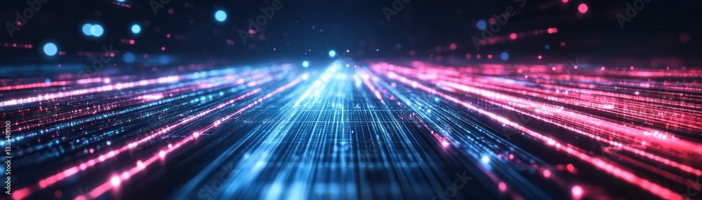 Poster abstract visualization depicts flowing digital data in blue and pink