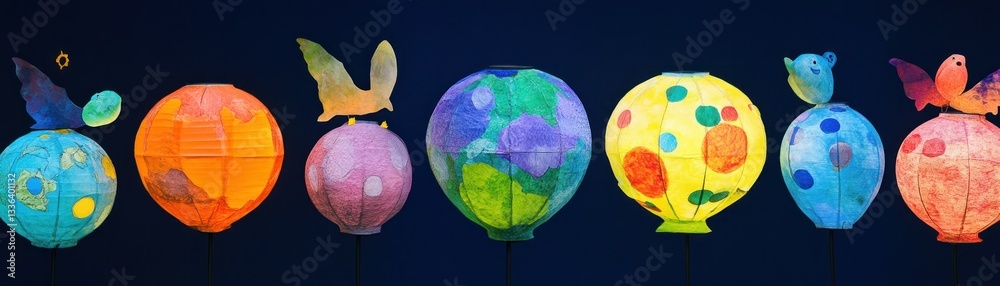 Poster array of colorful decorative lanterns with various animal and star accents