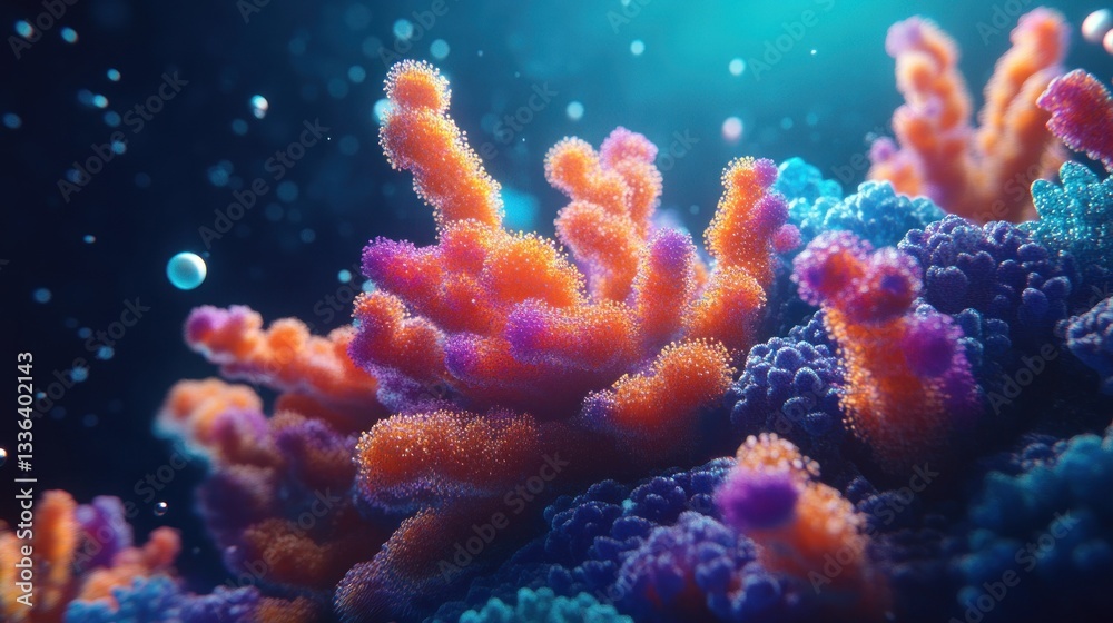 Poster colorful coral reef structure with bubbles in the surrounding ocean