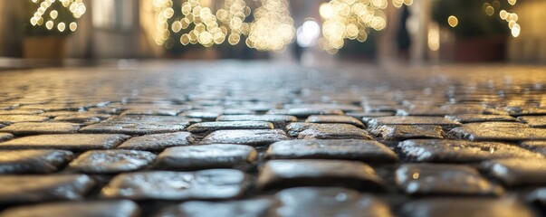 Naklejka premium Defocused christmas market - Wet paving stones of a street after it rained at night, with bokeh lights and reflection