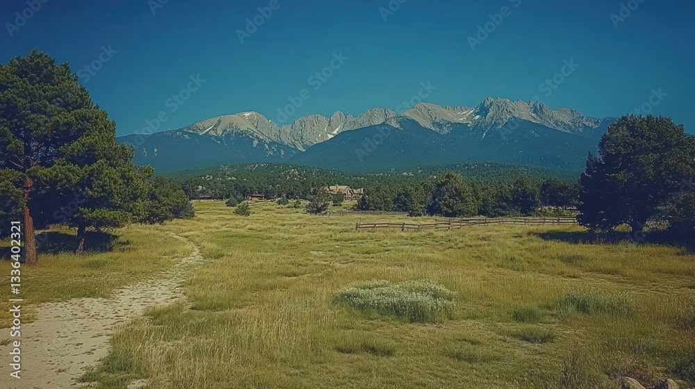 Poster a scenic mountain vista featuring trees grassy fields and a path