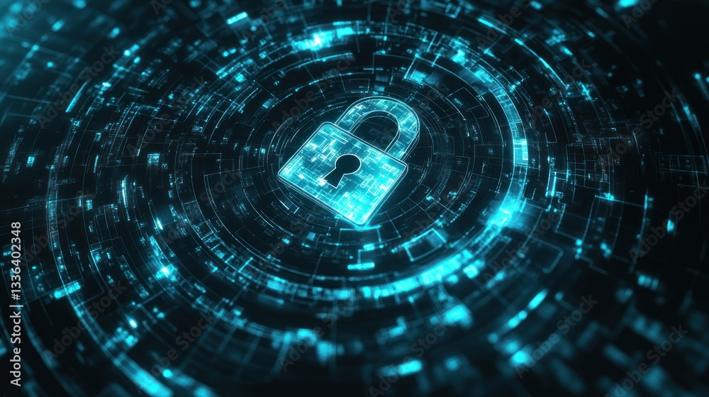 Poster A digital glowing padlock embedded within a circular data tunnel