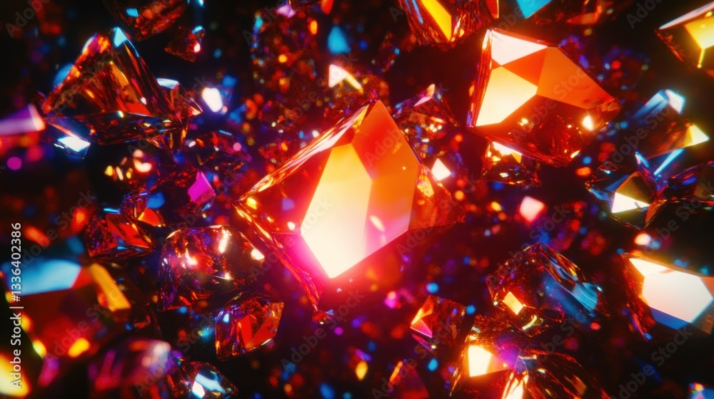 Poster Many shiny geometric objects float in a dark empty space