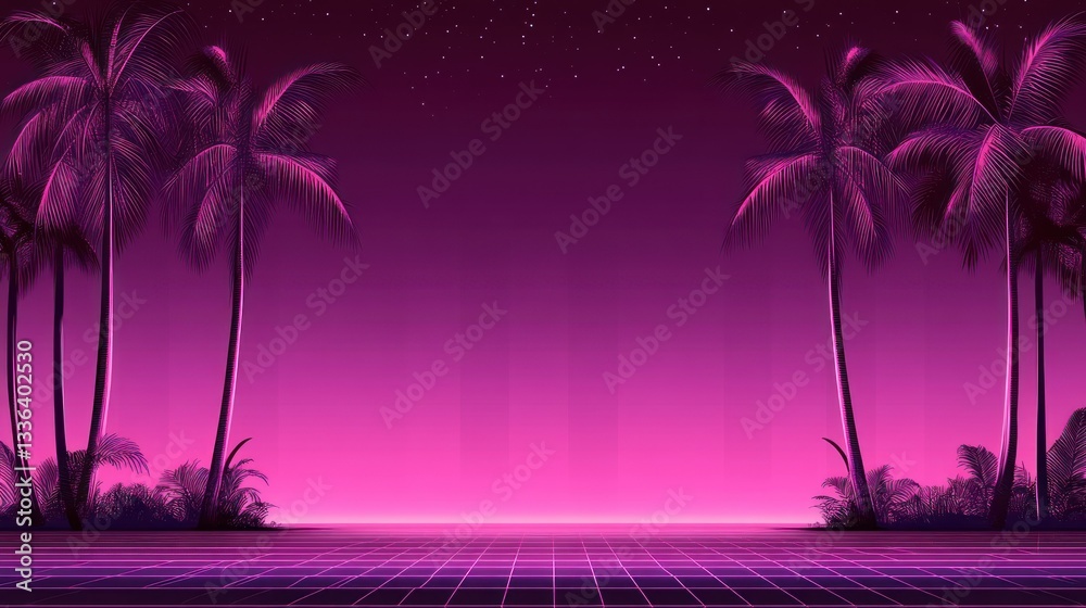 Poster purple neon palms stand against a starry retro synthwave background