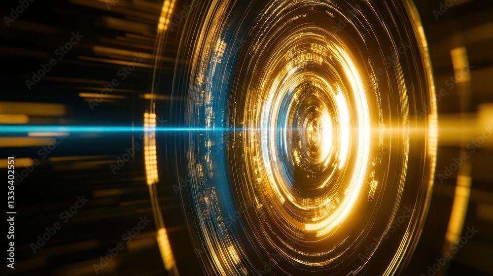 Poster futuristic glowing concentric circles and a dynamic digital light beam