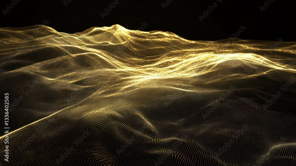 Poster Abstract rendering of glowing textured waves in dark background space
