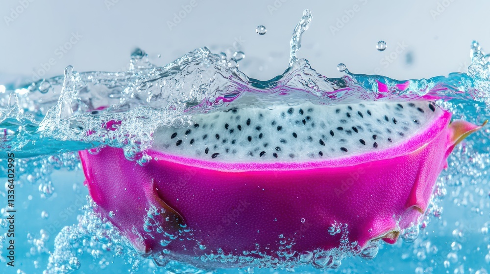 Poster a slice of dragon fruit submerged in clear splashing water
