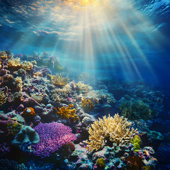 A colorful coral reef with many different types of sea plants