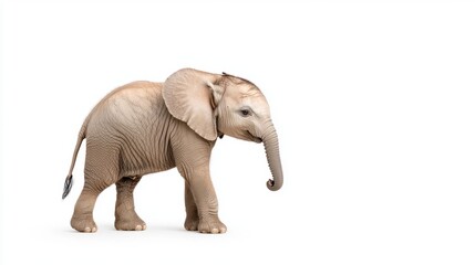 Obraz premium The image is of a baby elephant walking on a white background. the elephant is light brown in color and appears to be walking with its trunk extended towards the right side of the image.