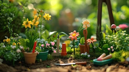 A whimsical toy garden set with miniature tools and blooming flowers, soft and inviting --ar 16:9 --v 6.1 Job ID: 0e4f3087-6b56-4e7a-aafb-84efc43cfcae