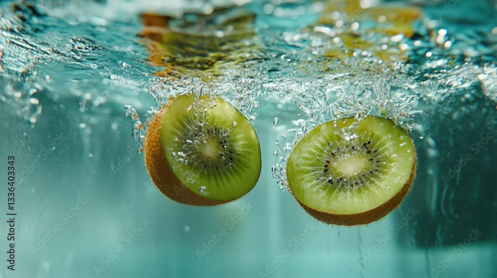 Poster two halves of a kiwi fruit are underwater creating splashes