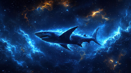 Fototapeta premium Shark swimming in cosmic space scene with vibrant blue and orange nebulae, creating surreal and captivating atmosphere